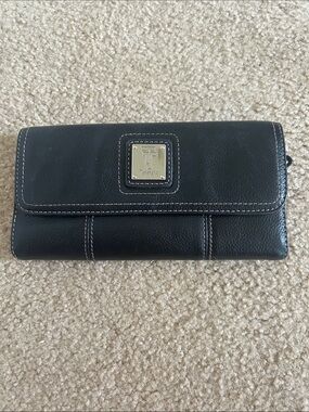 Tignanello Black Pebbled Leather Continental Wallet with Silver Tone Logo Plaque